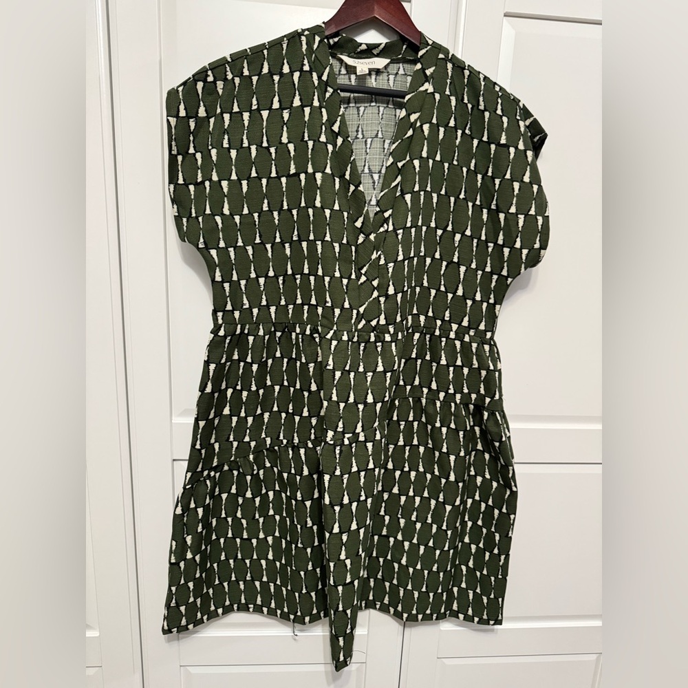 52Seven Chic Olive Green, Black and White Patterned Mini Dress‎